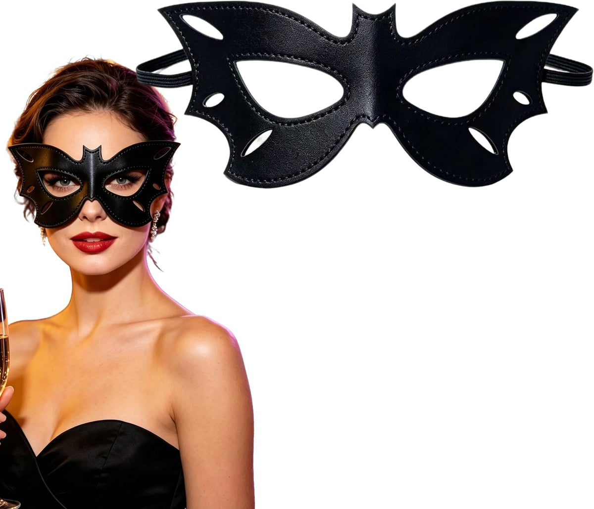 Black Bat Mask for Halloween Faux Leather Bat Half Face Mask Cosplay Costume Mask for Women Men Halloween Party Dress Up