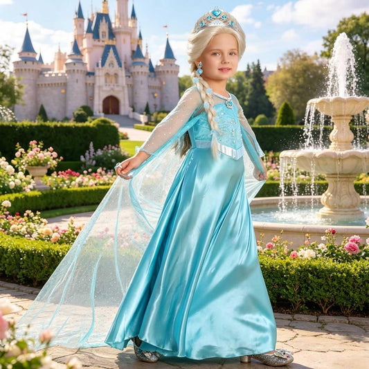 Princess Dress for Girls Kids Blue Costume with Cape