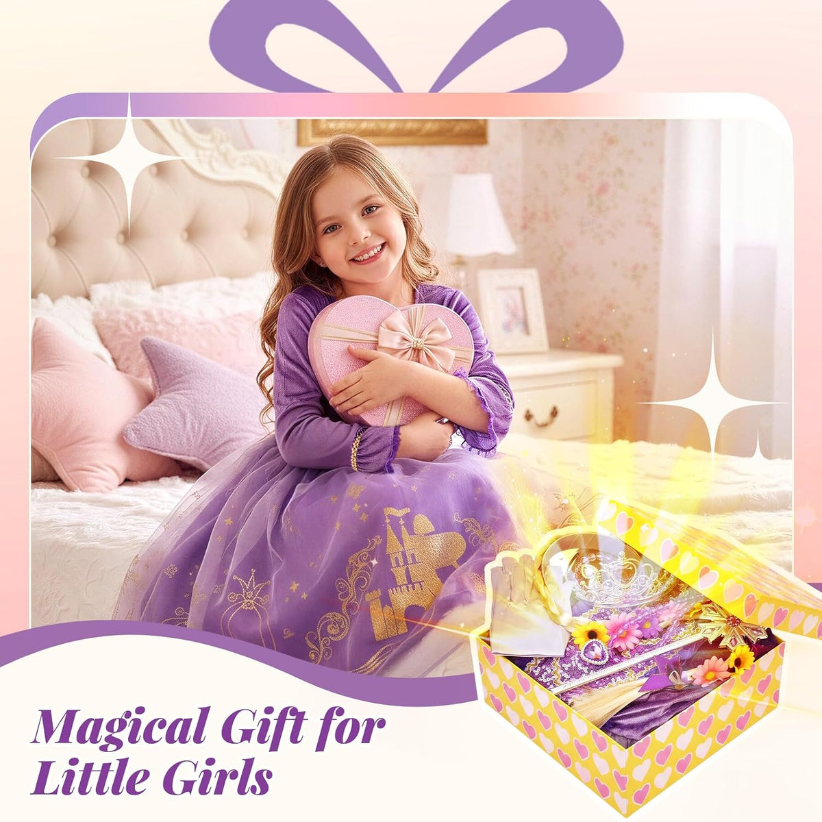 Meland Princess Dress Up Clothes for Girls 3-10, Purple Pretend Play Costume with Jewelry for Birthday Halloween Party Outfit