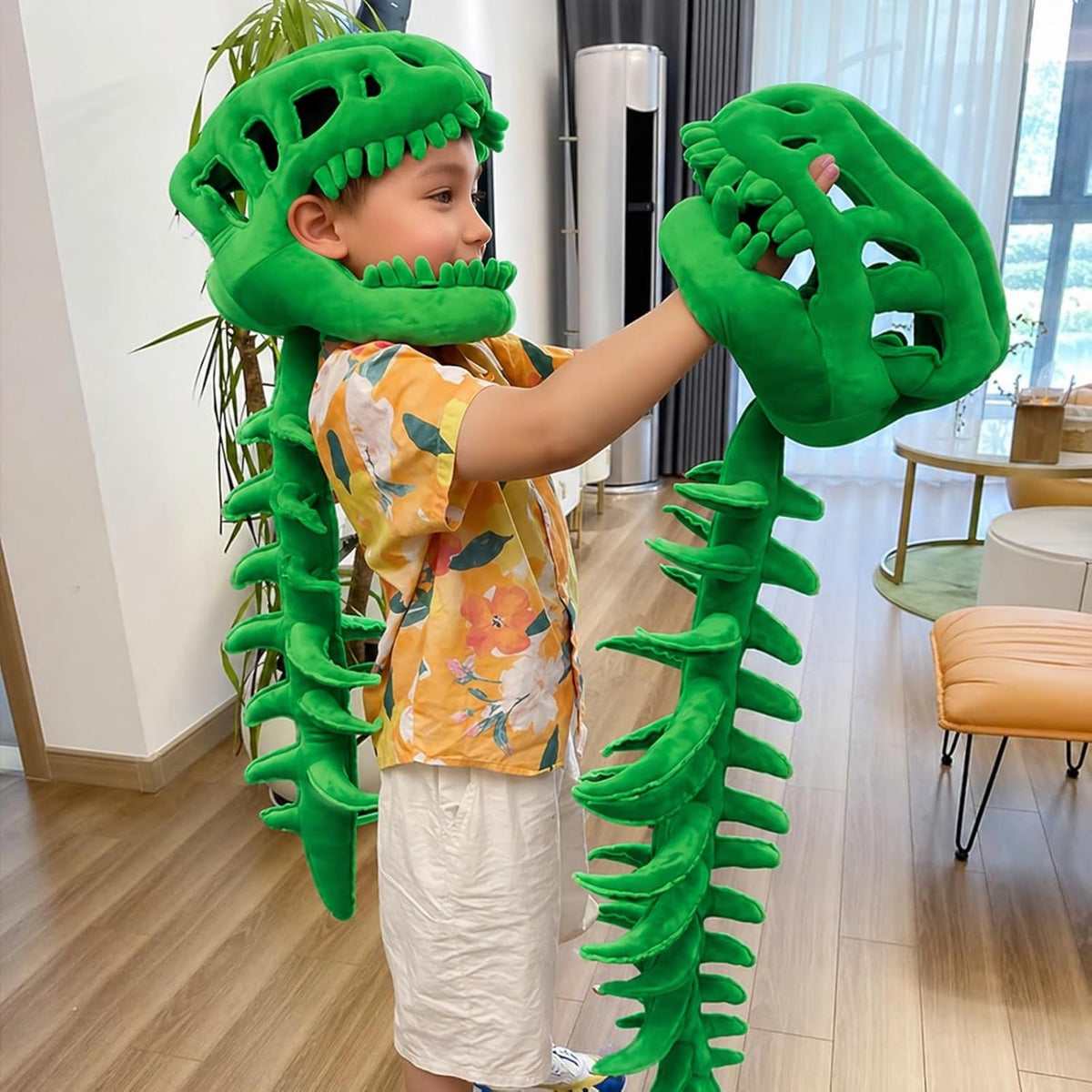 Dinosaur Skeleton Costume, 3D Spinosaurus Skull Mask with Plush Spine Tail for Halloween Cosplay and Party Dress Up