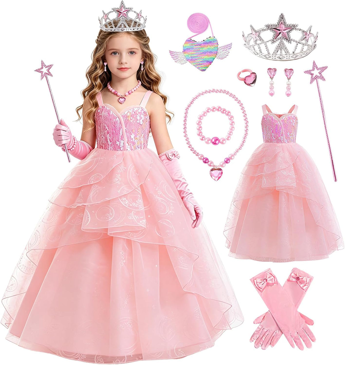 9 Pcs Halloween Pink Witch Costume for Girls Sequins Mesh Princess Dress with Accessories
