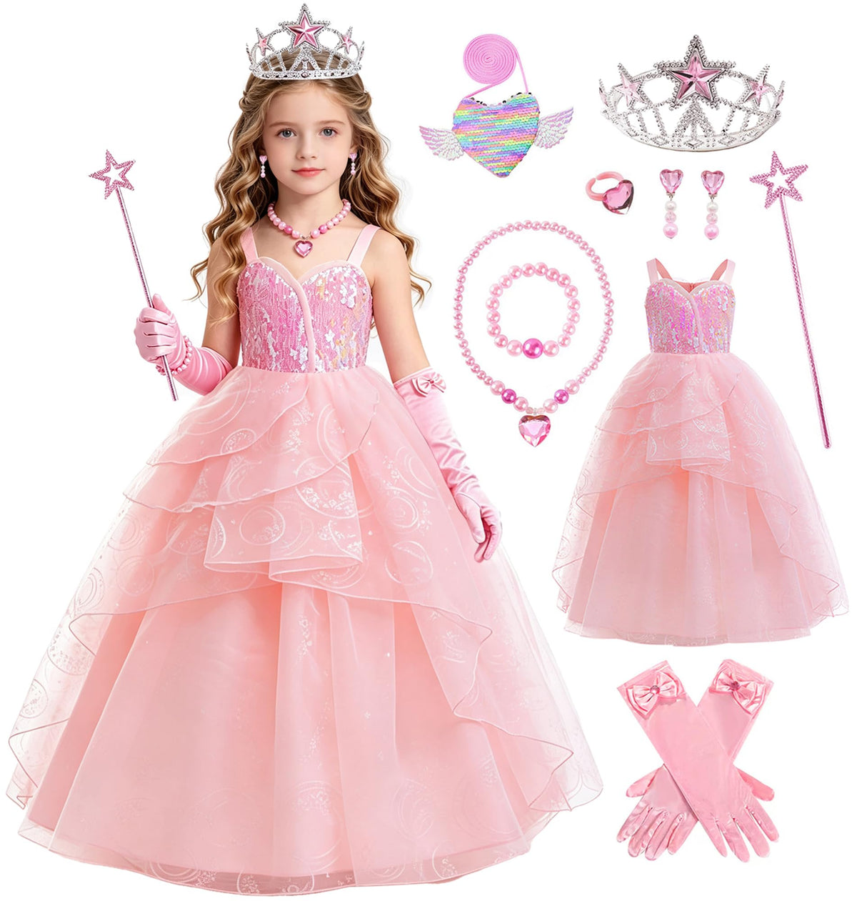 9 Pcs Halloween Pink Witch Costume for Girls Sequins Mesh Princess Dress with Accessories