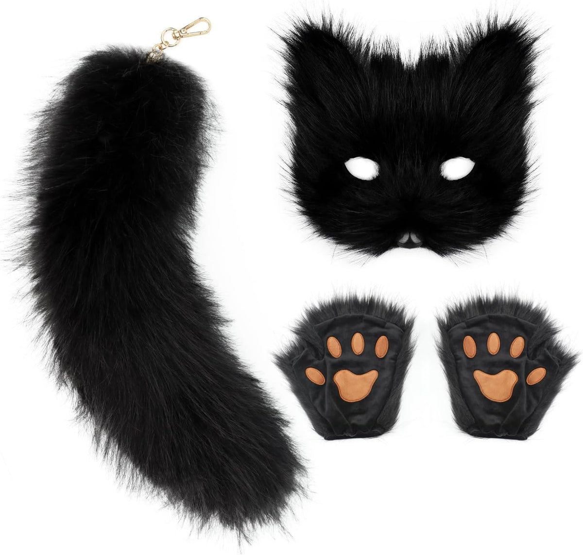 COSYEARS Cat Fox Mask Tail and Paws Gloves Set Furry Animal Therian Kit Masquerade Halloween Costume Accessory