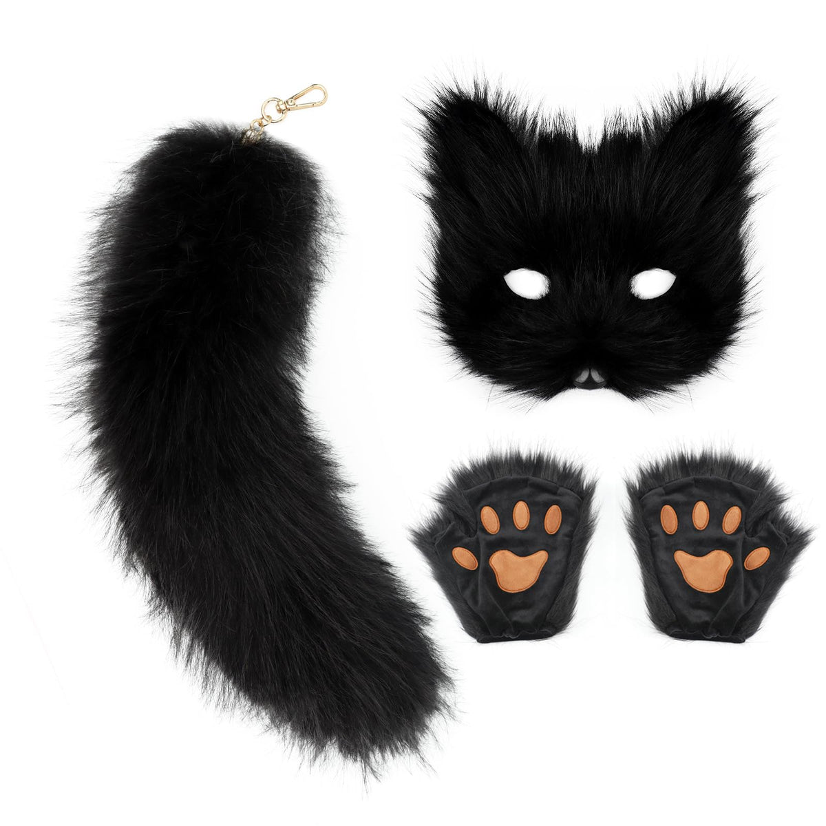 COSYEARS Cat Fox Mask Tail and Paws Gloves Set Furry Animal Therian Kit Masquerade Halloween Costume Accessory