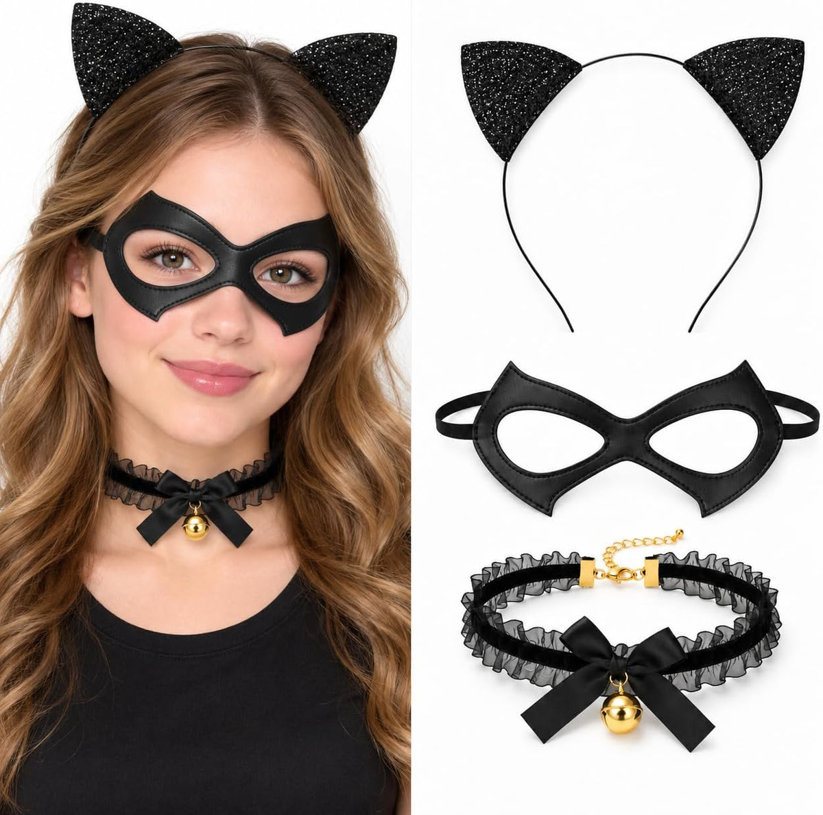 Glitter Cat Ears Headband with Collar,Black Cat Women Mask Halloween Costum