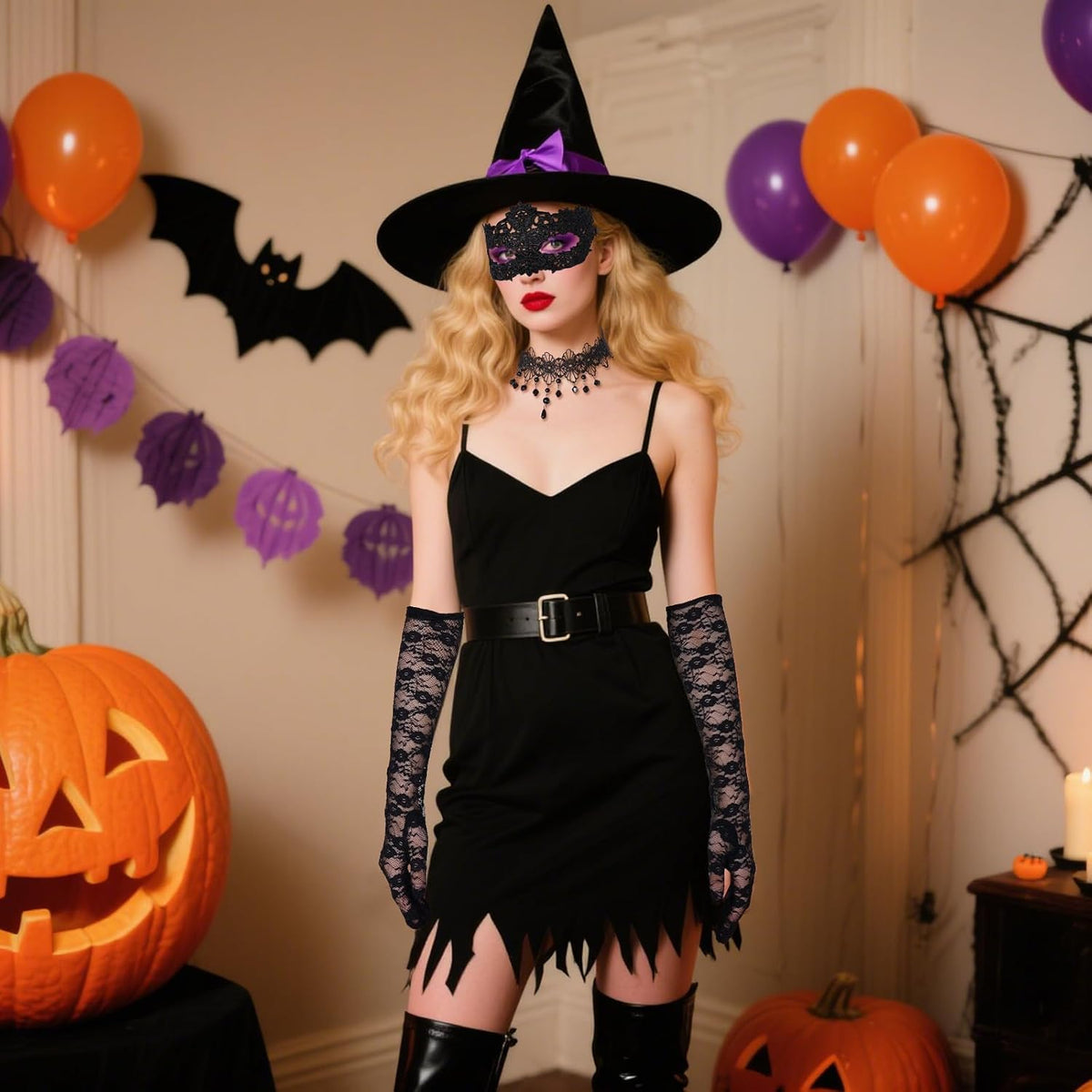 Topbuti Halloween Masquerade Costumes Set Black Lace Gloves Lace Mask Eyemask Choker Necklace for Halloween Dress Up Party