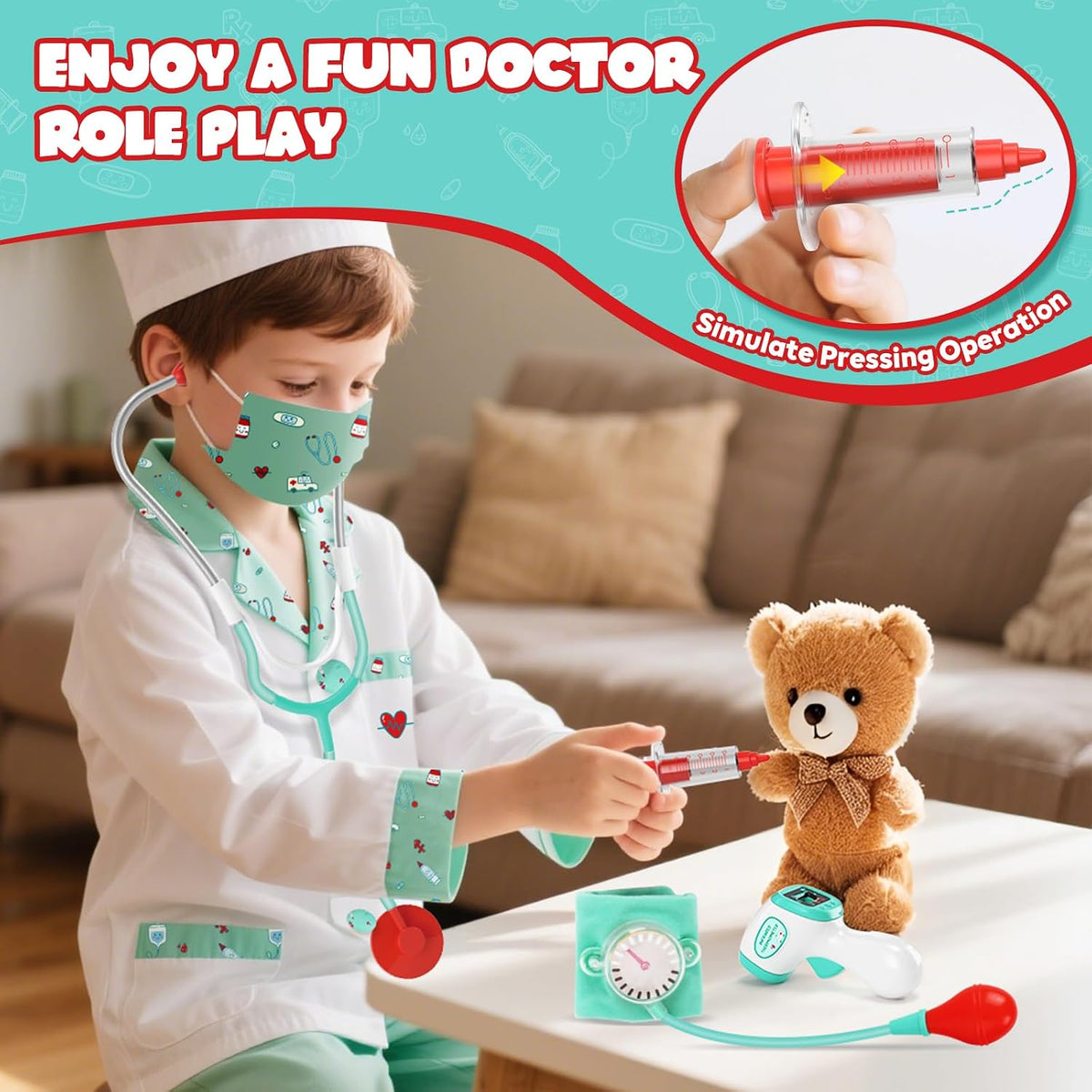 Lehoo Castle Doctor Costume for Kids, Doctor Dress Up and Play Set 8 PCS with Stethoscope, Role Play Costume for Toddlers 4-6