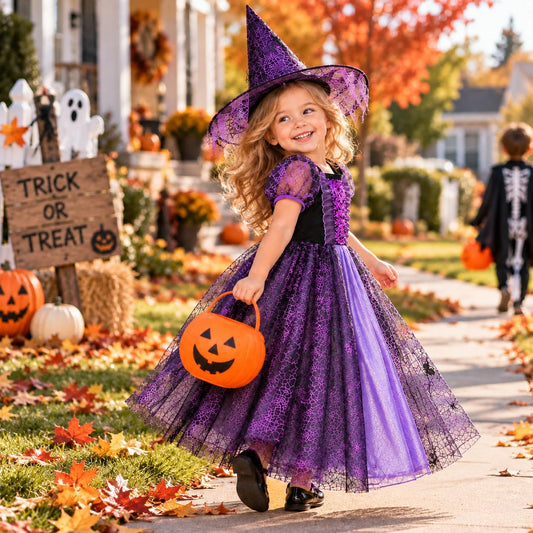 Meland Witch Costume for Girls, Light up Halloween Costumes Aged 3-10