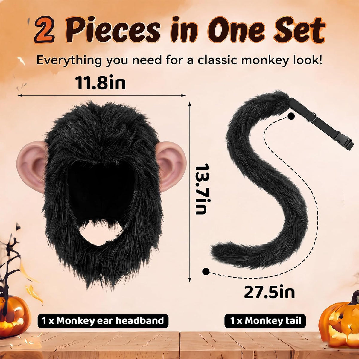 Hercicy 2 Pcs Monkey Cosplay Creepy Head Mask Face Monkey Tail
