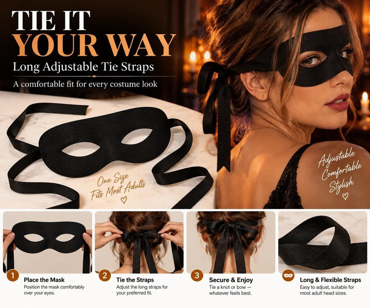 Black Thief Mask Costume, Fabric Eye Mask with Long Tie Straps