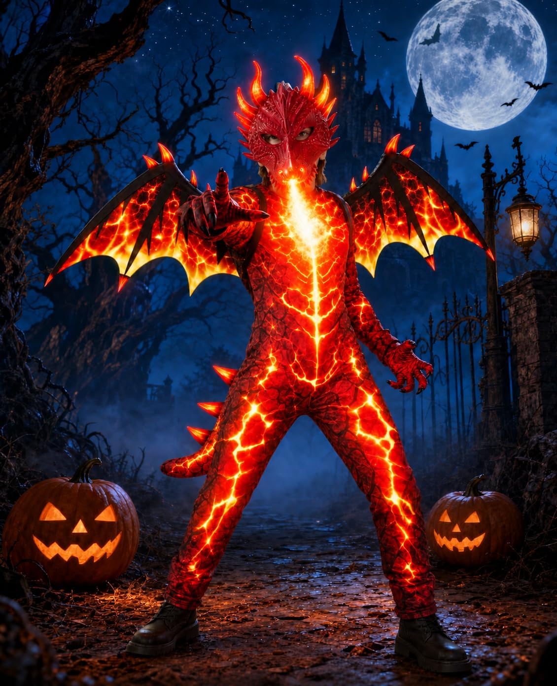Kids Dragon Costume Boys with Wings Tail Glowing Mask for Halloween