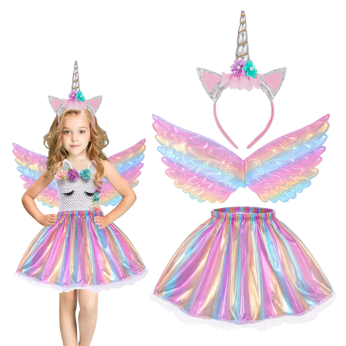 Hifot Unicorn Costumes for Girl, Unicorn Birthday Tutu Dress with Unicorn Wings Headband for Christmas Gifts Party Outfit