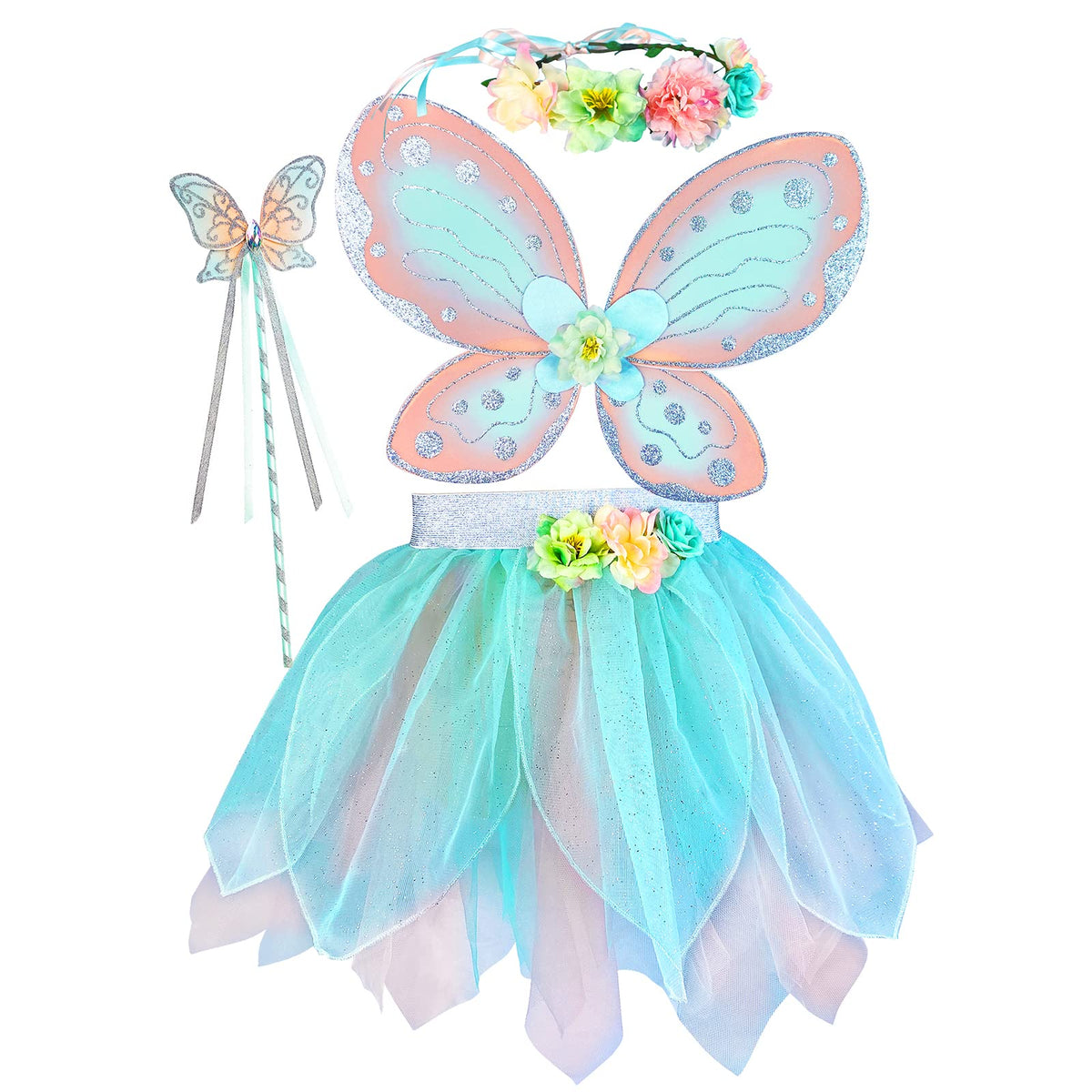 DJDLPARTY Girls Fairy Costume Set with Butterfly Wings Tutu Wand and Halo Headban