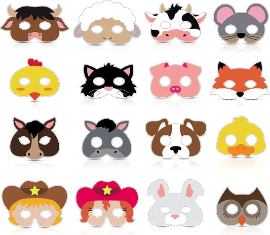 Blulu 16 Piece Farm Forest Animal Masks for Kids, Animal Theme Masks Party
