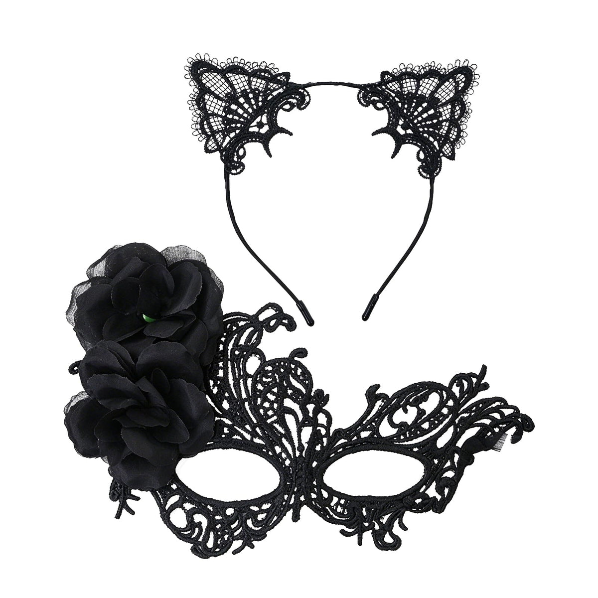 coadipress Lace Masquerade Mask Cat Ear Headband Flower Earrings for Women