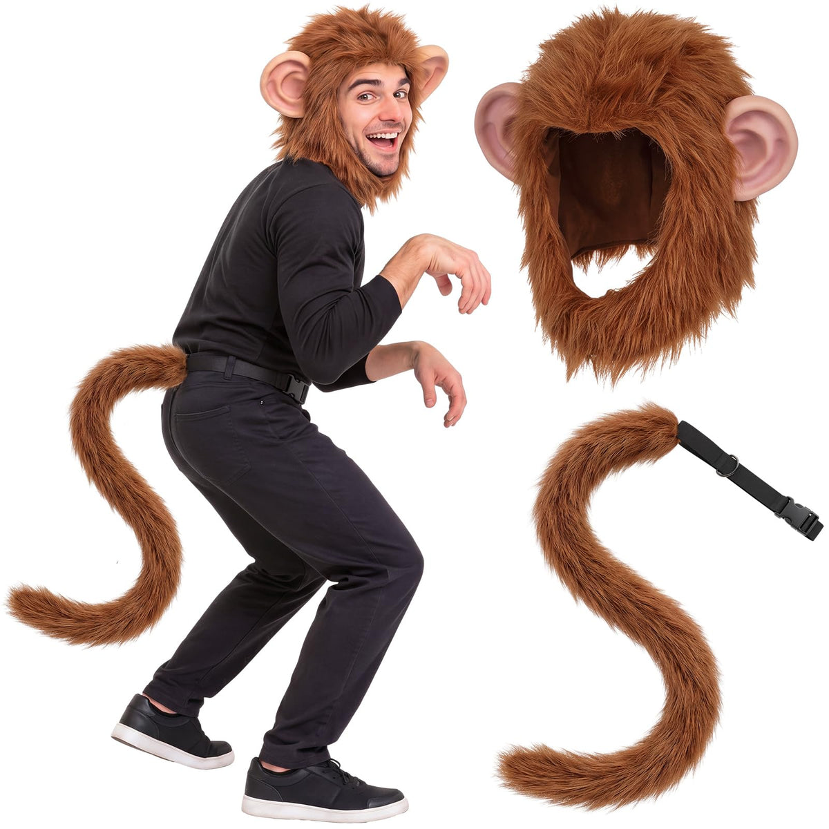 Hercicy 2 Pcs Monkey Cosplay Creepy Head Mask Face Monkey Tail