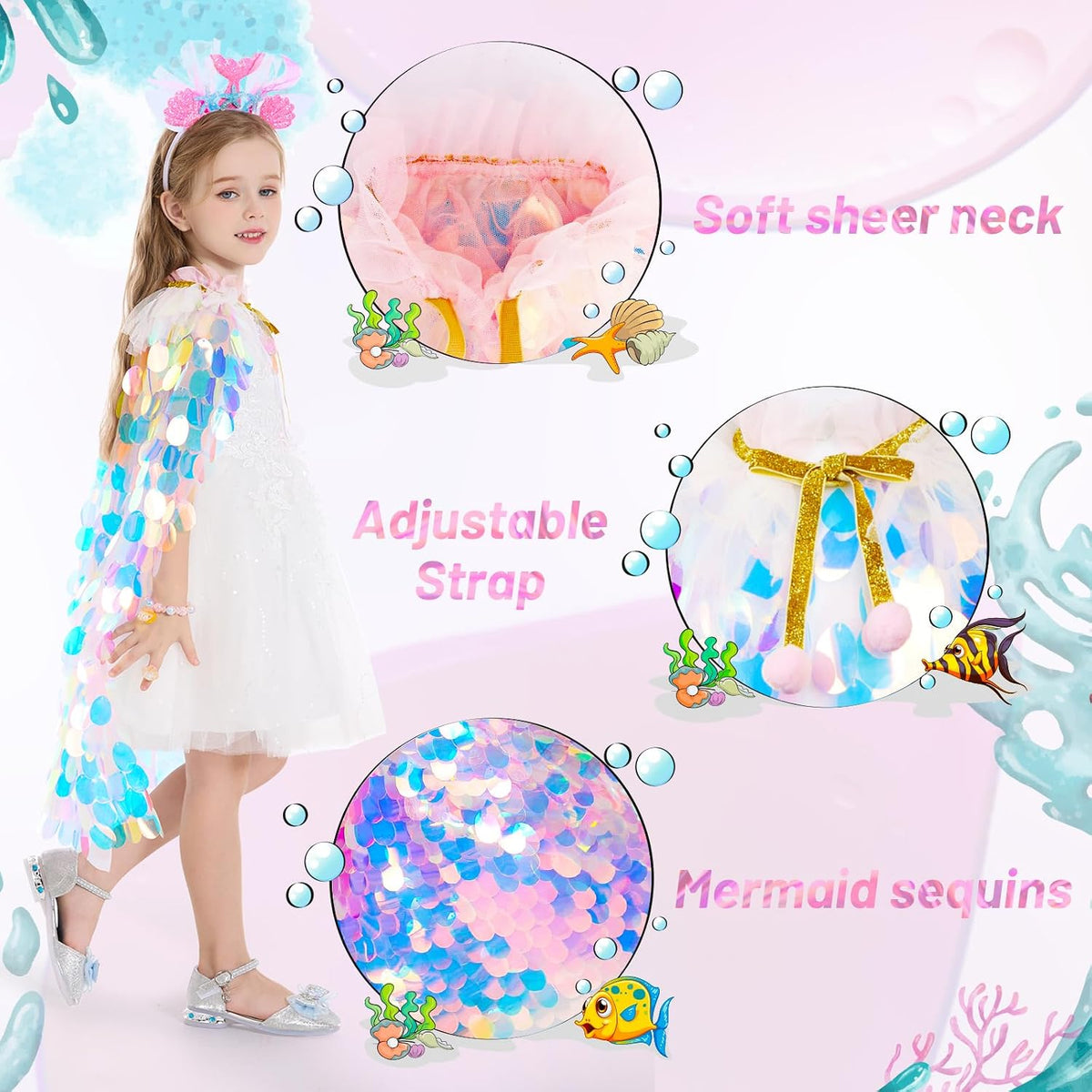 LIMIROLER Princess Dress Up Clothes Mermaid Cape Gift Set for Girls Age 3-8