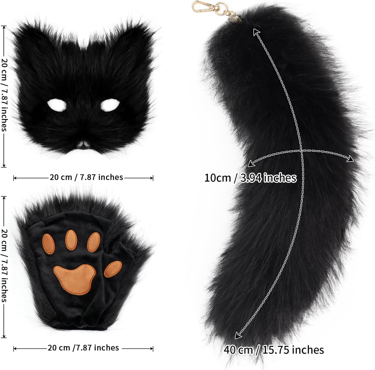 COSYEARS Cat Fox Mask Tail and Paws Gloves Set Furry Animal Therian Kit Masquerade Halloween Costume Accessory