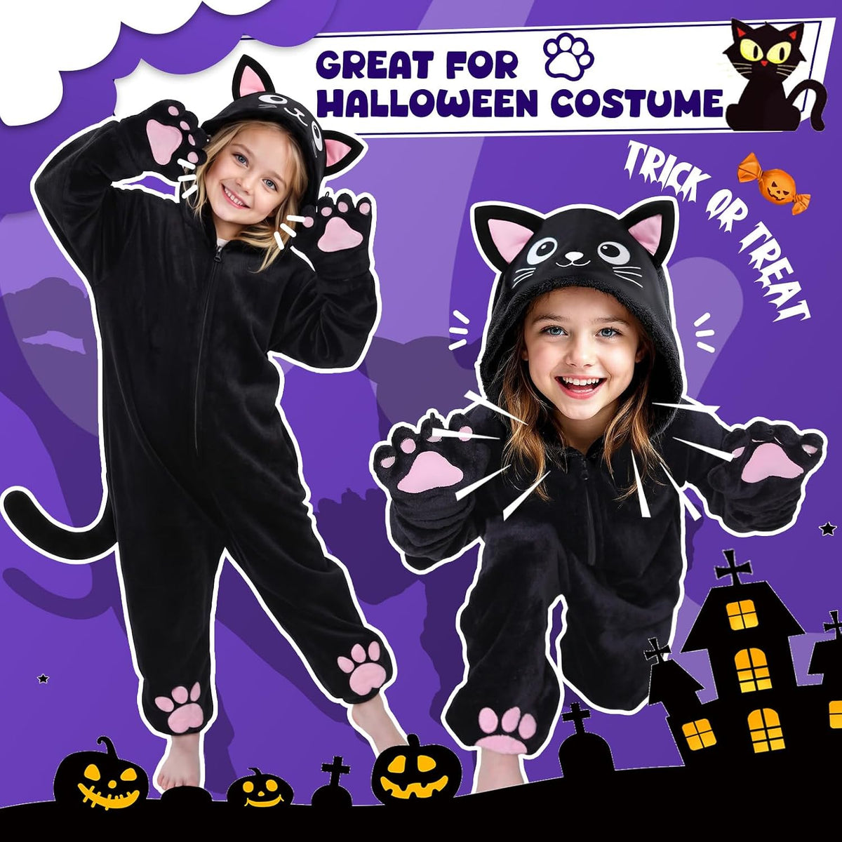 Black Cat Costume for Girls, Halloween Costumes for Kids Dress Up
