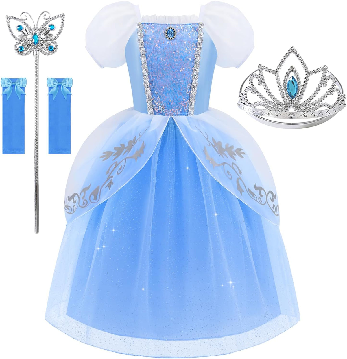 Aolliya Princess Dresses for Girls Puff Sleeves Princess Costumes Blue