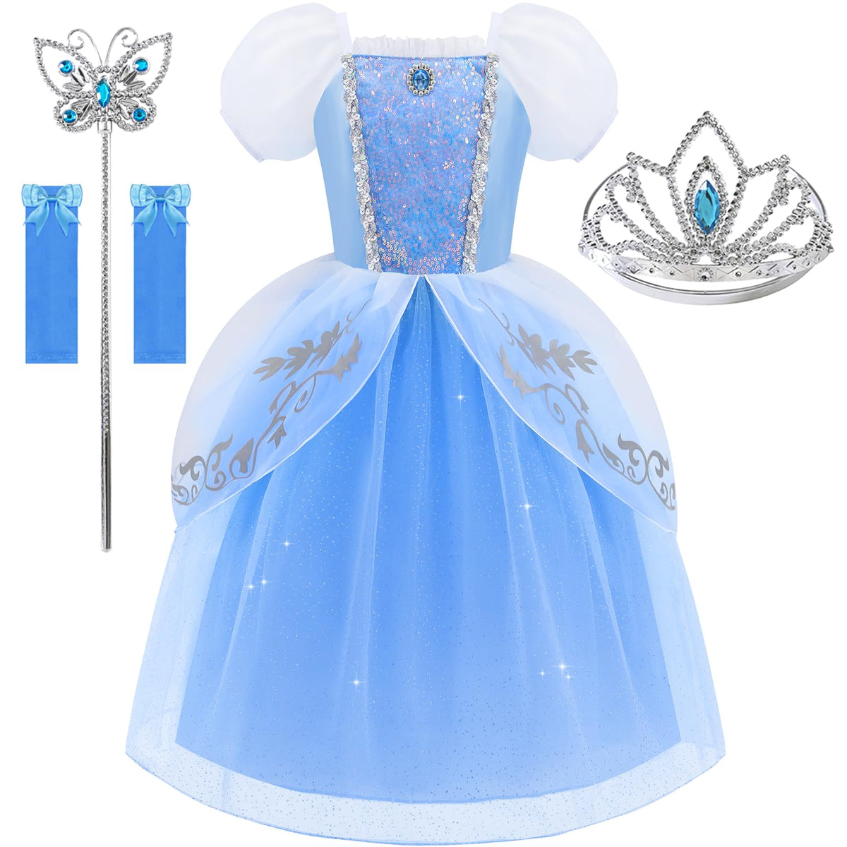 Aolliya Princess Dresses for Girls Puff Sleeves Princess Costumes Blue