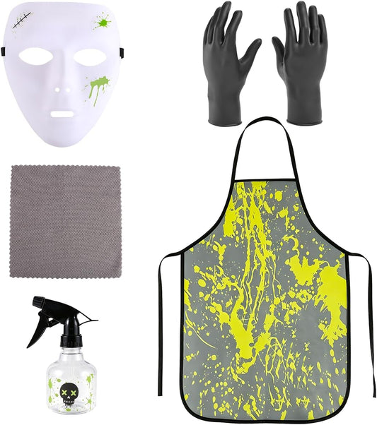 Adult Halloween Horror Cleaner Cosplay Costume Kit, Scary White Full‑Face Mask with Splatter Print Apron, Gloves, Prop Spray Bottle and Cleaning Rag, Themed Party Dress‑up Accessories Set for Men