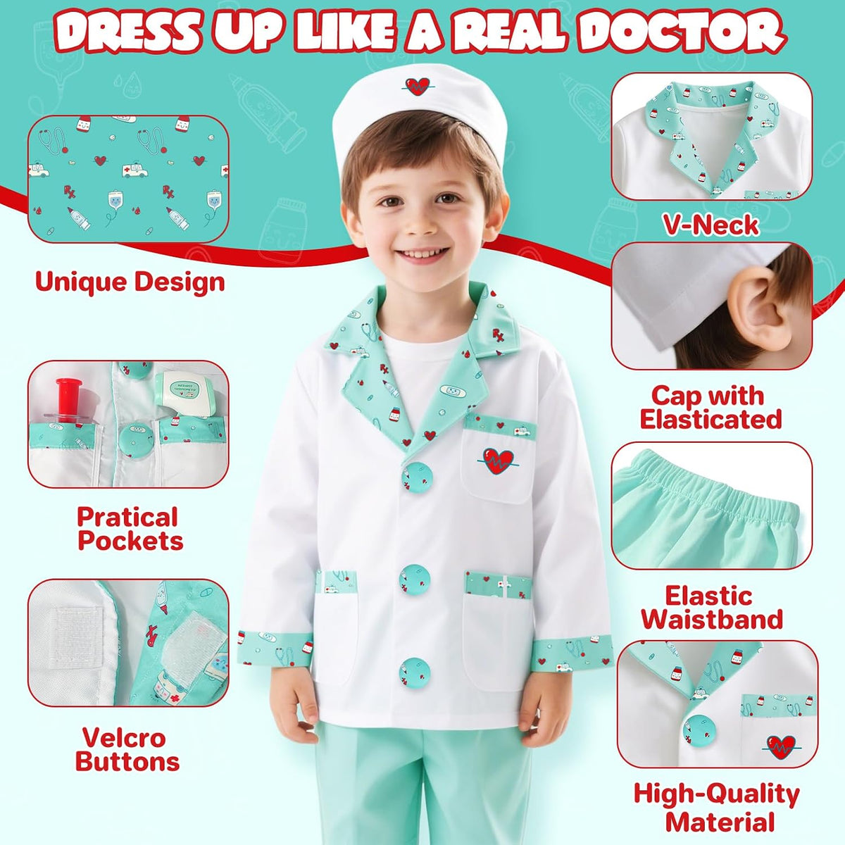 Lehoo Castle Doctor Costume for Kids, Doctor Dress Up and Play Set 8 PCS with Stethoscope, Role Play Costume for Toddlers 4-6