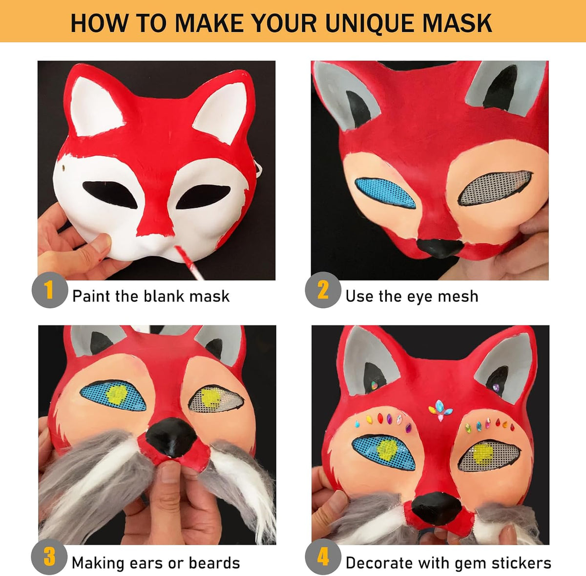 OPPKIE Cat Fox Mask 3PCS with Furs Eye Meshes and Gem Stickers, Therian Dress Up Masks to Paint, Animal Mask Arts Crafts Kit, Costume Masks for Halloween Masquerade Cosplay Party Interaction