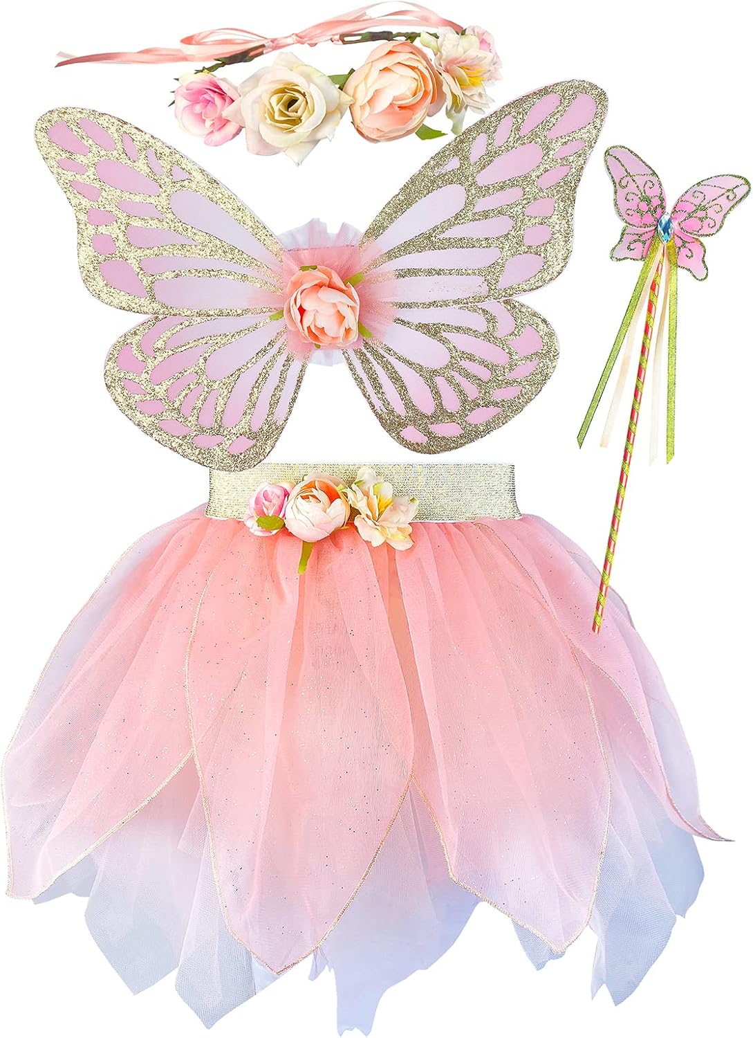 DJDLPARTY Girls Fairy Costume Set with Butterfly Wings Tutu Wand and Halo Headban