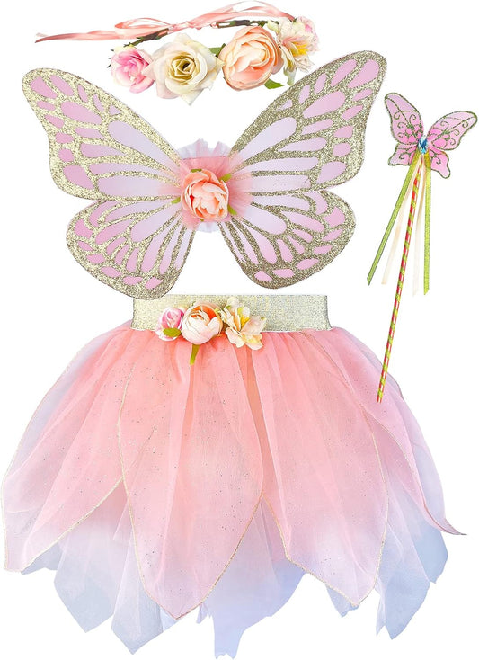DJDLPARTY Girls Fairy Costume Set with Butterfly Wings Tutu Wand and Halo Headban