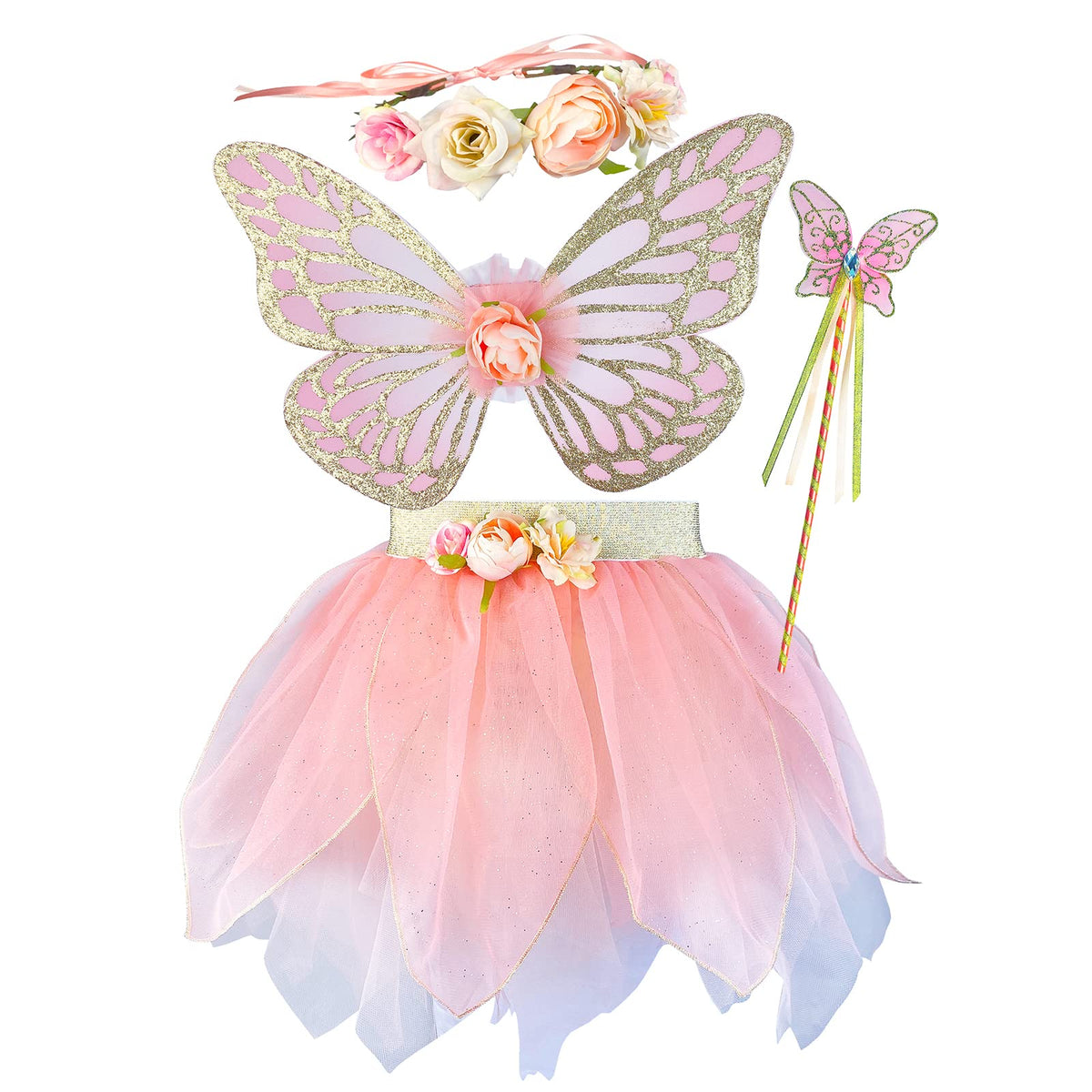 DJDLPARTY Girls Fairy Costume Set with Butterfly Wings Tutu Wand and Halo Headban
