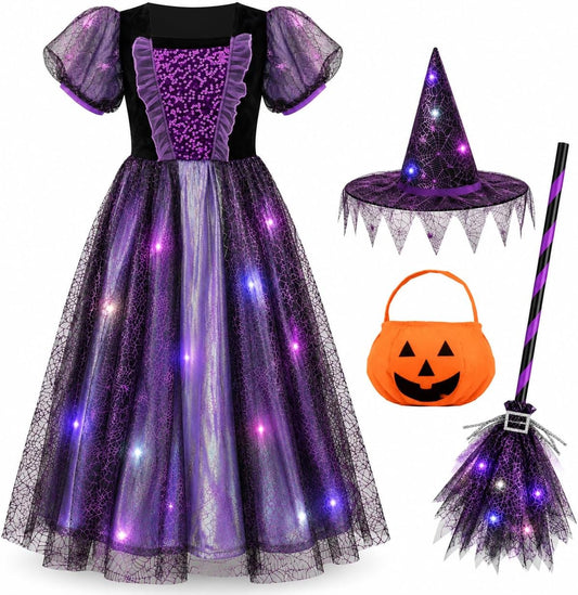 Meland Witch Costume for Girls, Light up Halloween Costumes Aged 3-10