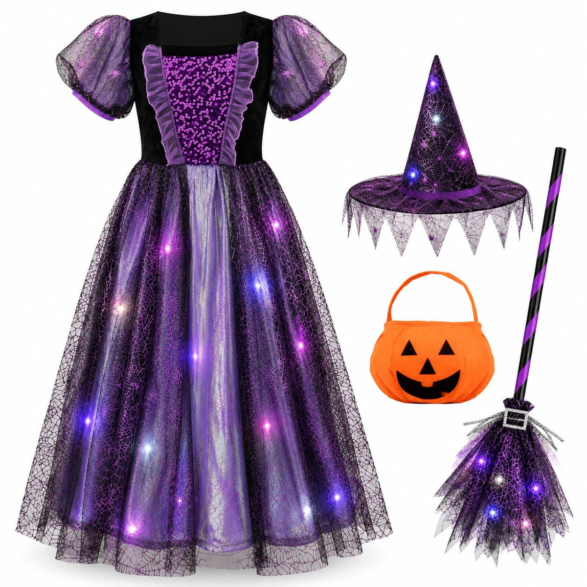 Meland Witch Costume for Girls, Light up Halloween Costumes Aged 3-10