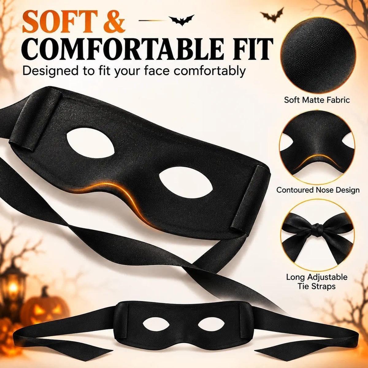 Black Thief Mask Costume, Fabric Eye Mask with Long Tie Straps