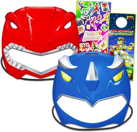 Power Rangers Masks Set - Bundle 2 Pack with Red and Blue Power Ranger Masks for Dress Up Pretend Play, Stickers, More | Costume Accessories for Kids