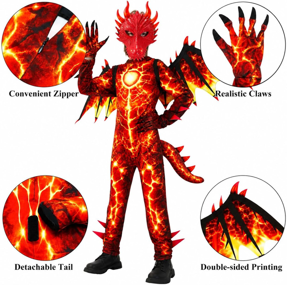 Kids Dragon Costume Boys with Wings Tail Glowing Mask for Halloween