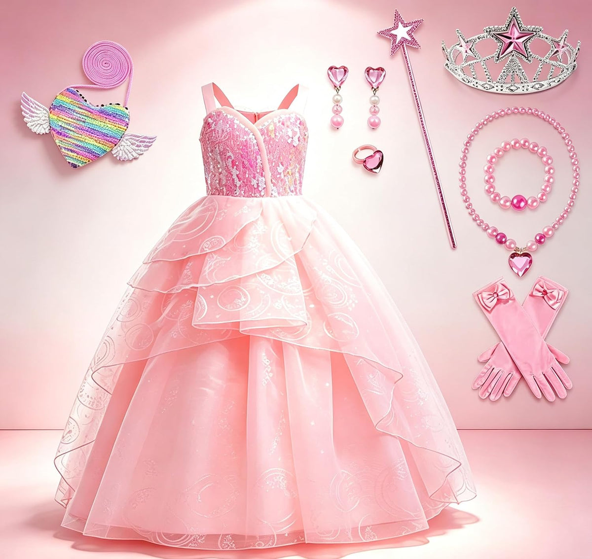 9 Pcs Halloween Pink Witch Costume for Girls Sequins Mesh Princess Dress with Accessories