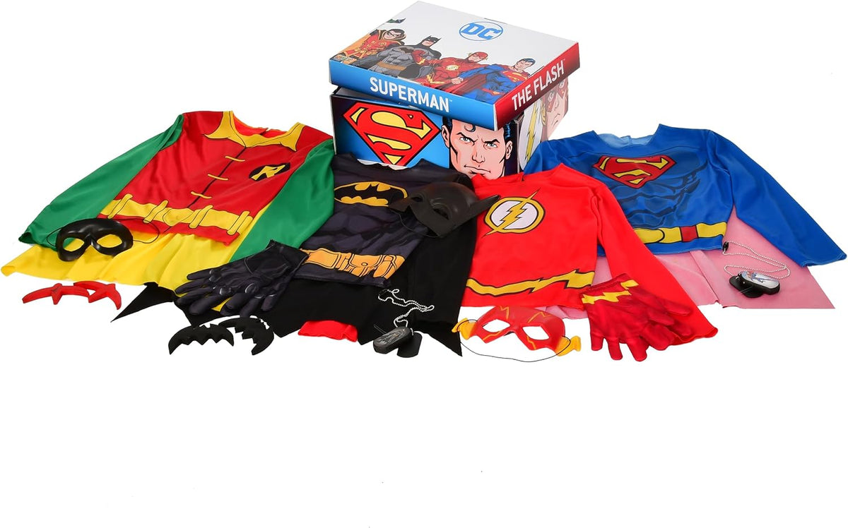 Rubies DC Comics Superheroes: Superman, The Flash, Batman & Robin Dress Up Trunk for Kids, Boy's Small