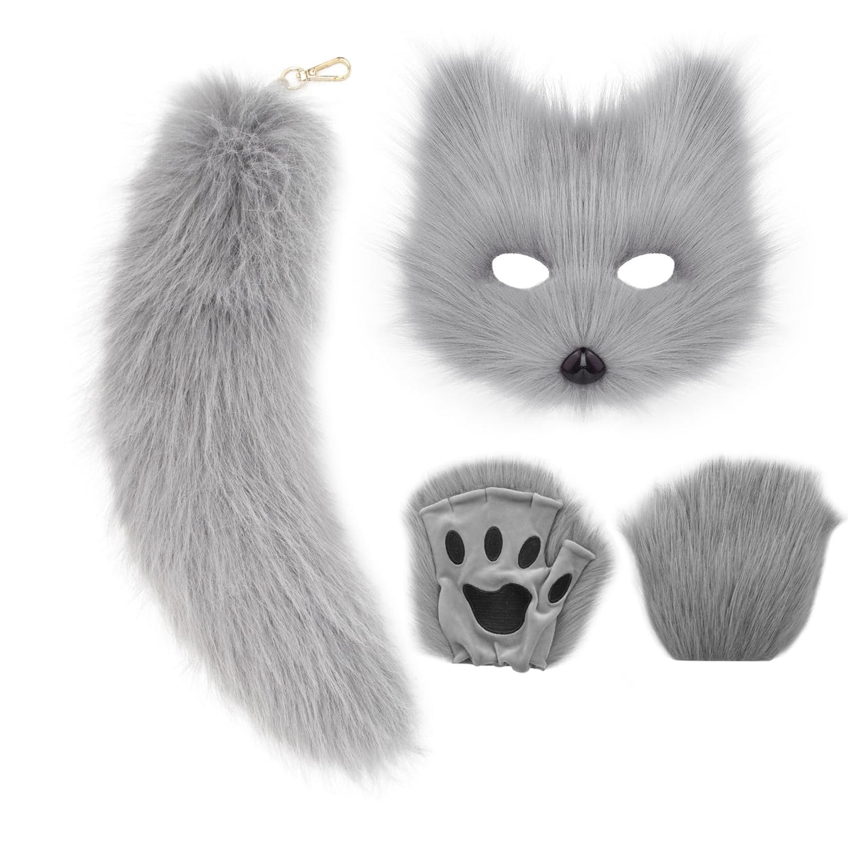 COSYEARS Cat Fox Mask Tail and Paws Gloves Set Furry Animal Therian Kit Masquerade Halloween Costume Accessory