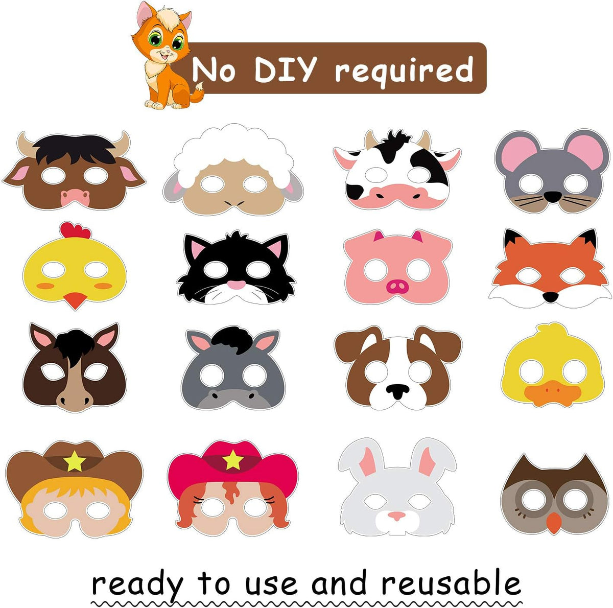 Blulu 16 Piece Farm Forest Animal Masks for Kids, Animal Theme Masks Party