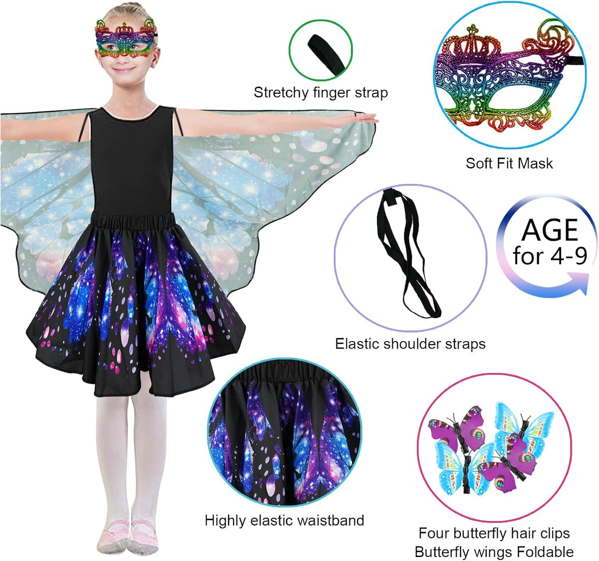 Sunlisky Kids Butterfly Wings Costume for Girls Fairy Wings Dress Up Clothes Headband Mask for Halloween Party Favors