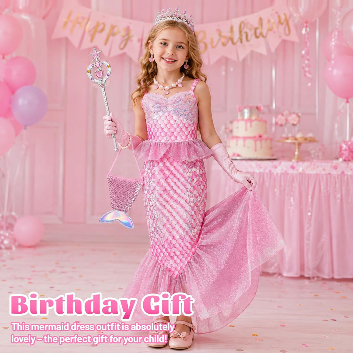 10Pcs Little Mermaid Dress‑Up Costume for Girls, Sparkly Mermaid Tail Dress with Mini Purse Jewelries Face Stickers Crown Wand & Gloves Princess Outfit Birthday & Halloween Cosplay Gift for Kids 3‑12