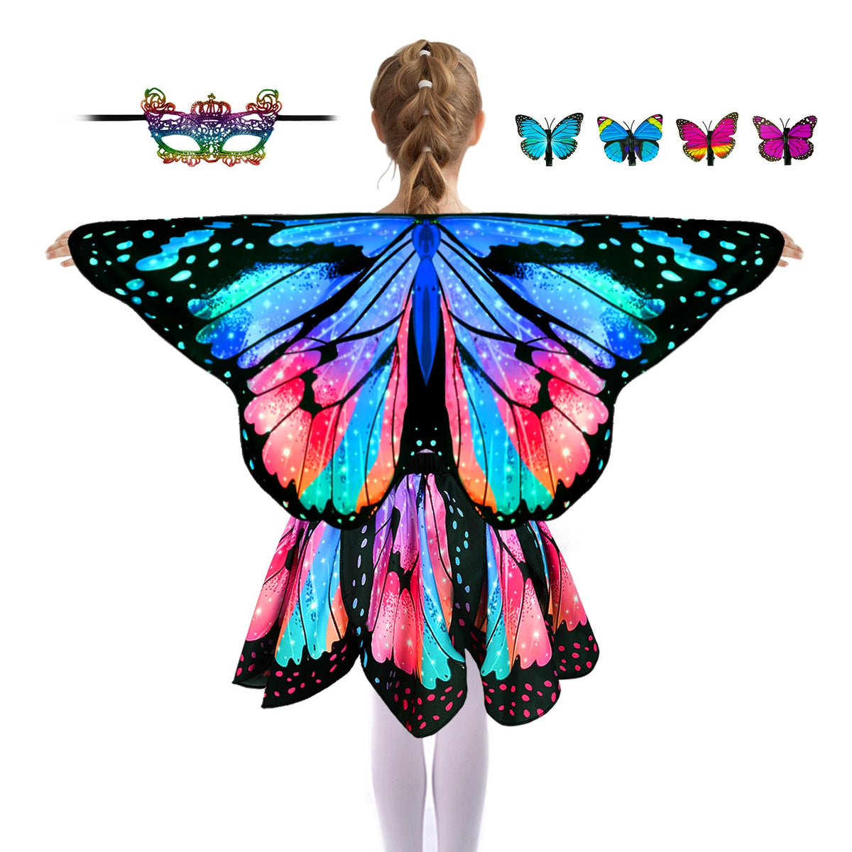 Sunlisky Kids Butterfly Costume for Girls Butterfly Wings Cape Set with Mask Hair Clips Halloween Cosplay Dress Up 4 to 9