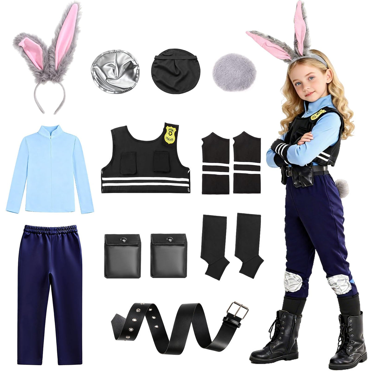 Kids Police Officer Costume Set - Bunny Headband Dress Up for Girls 4-9, Christmas & School Performances