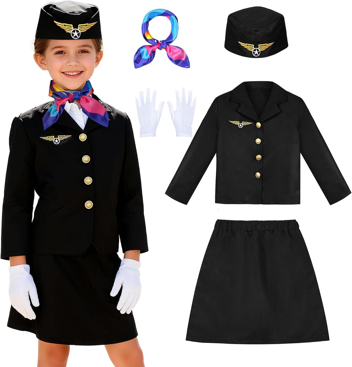 KAKALVER Stewardess Costume Set Girls Flight Attendant Suit kids 3-10 Years