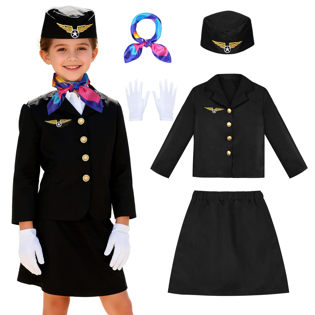 KAKALVER Stewardess Costume Set Girls Flight Attendant Suit kids 3-10 Years