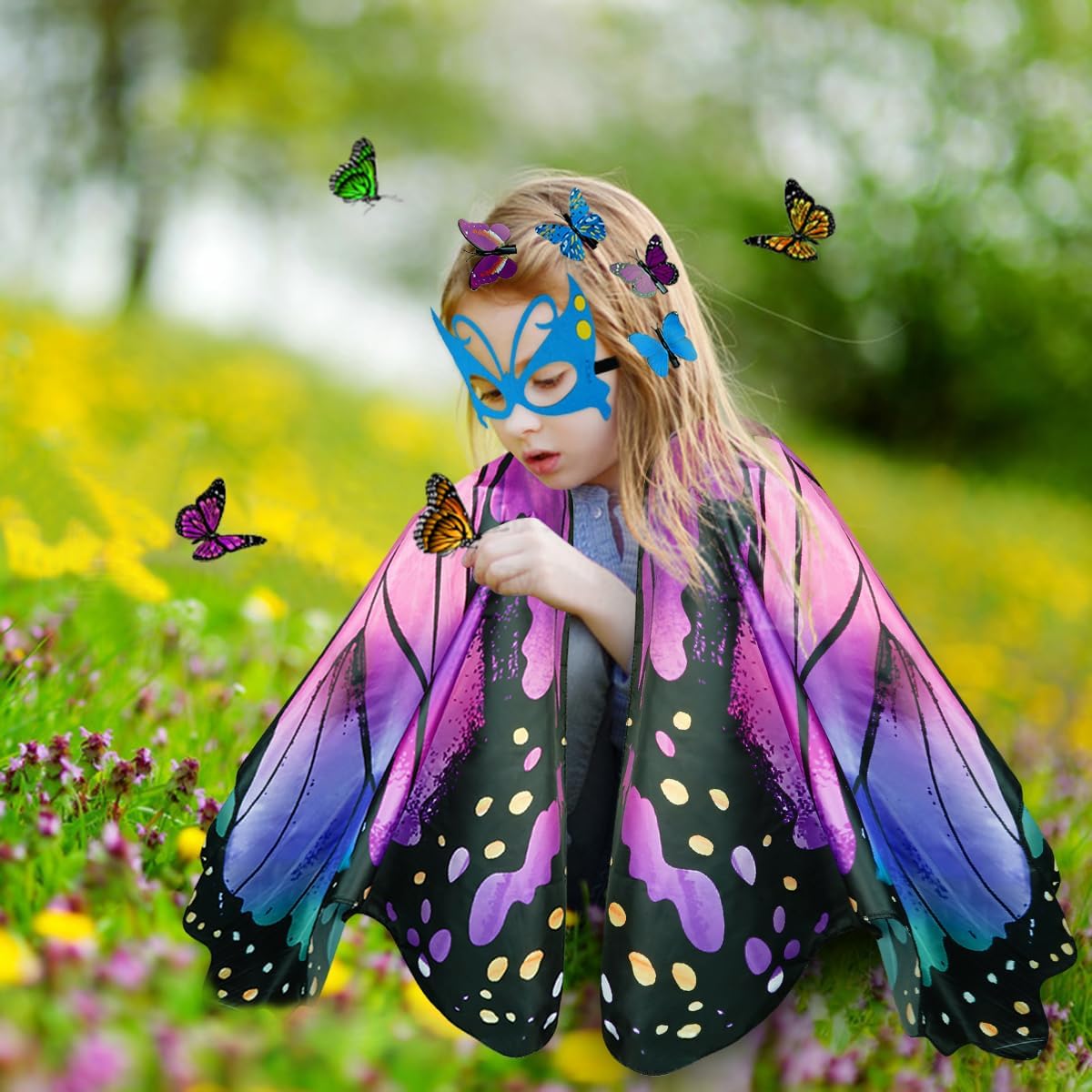 Sunlisky Kids Butterfly Costume for Girls Butterfly Wings Cape Set with Mask Hair Clips Halloween Cosplay Dress Up 4 to 9