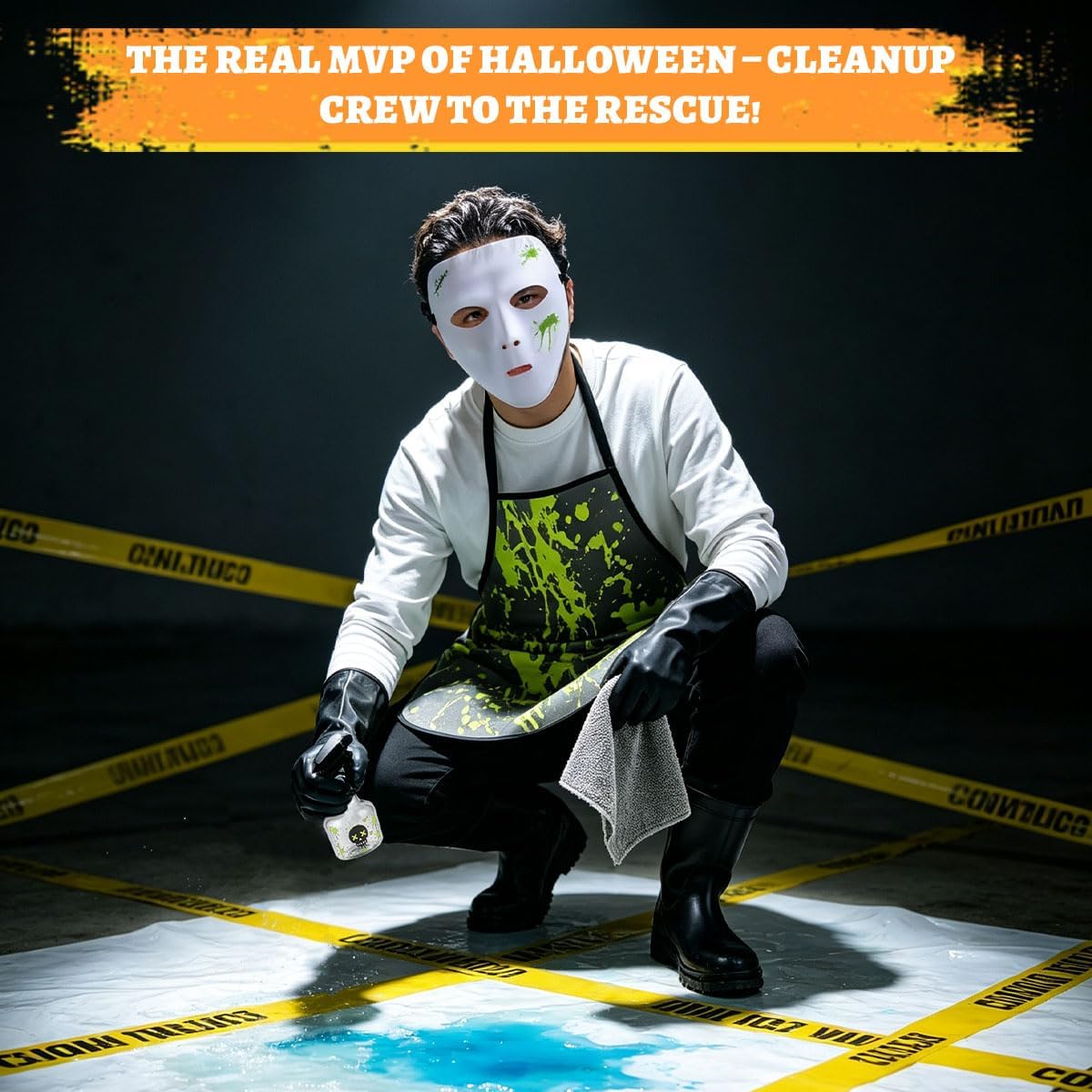 Adult Halloween Horror Cleaner Cosplay Costume Kit, Scary White Full‑Face Mask with Splatter Print Apron, Gloves, Prop Spray Bottle and Cleaning Rag, Themed Party Dress‑up Accessories Set for Men