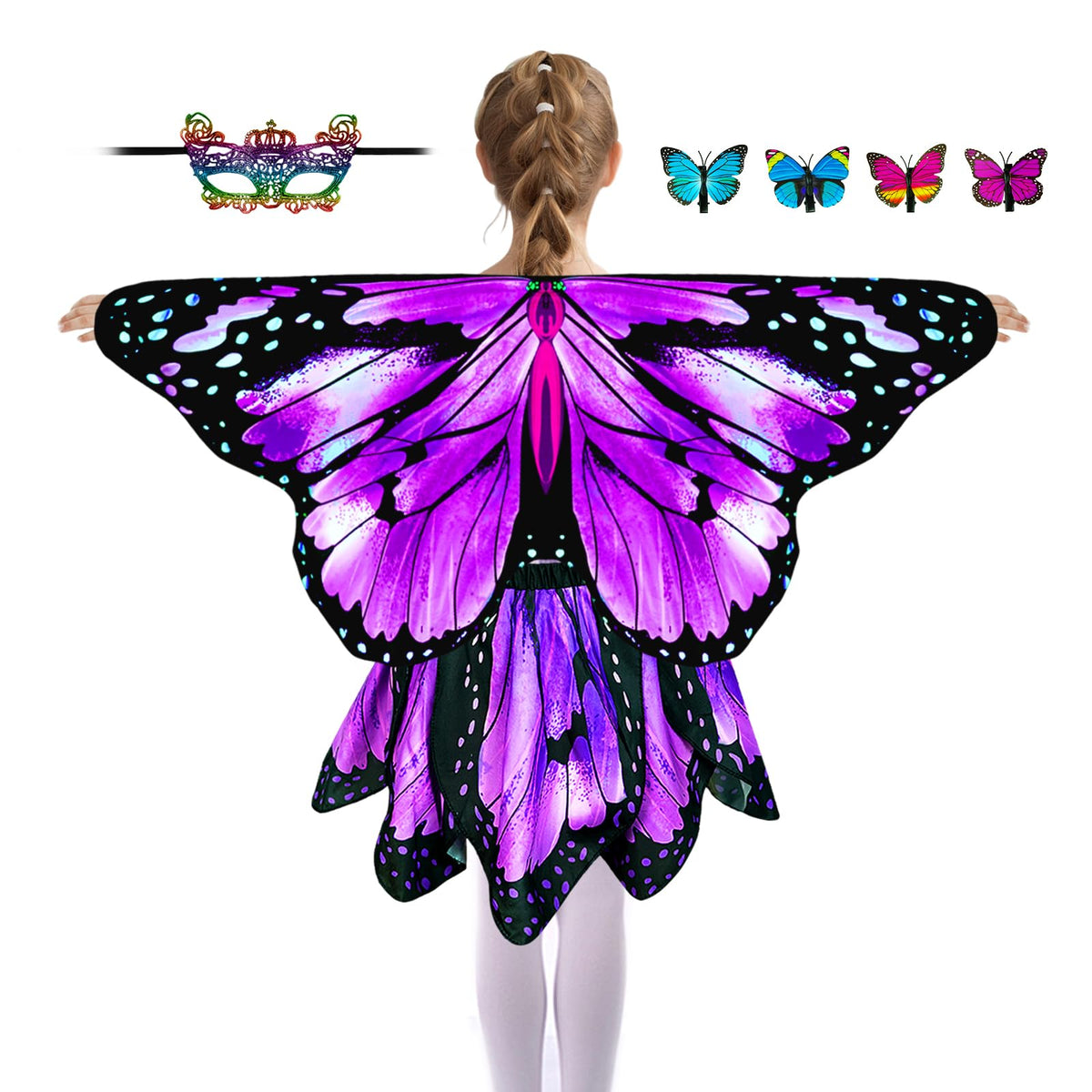 Sunlisky Kids Butterfly Costume for Girls Butterfly Wings Cape Set with Mask Hair Clips Halloween Cosplay Dress Up 4 to 9