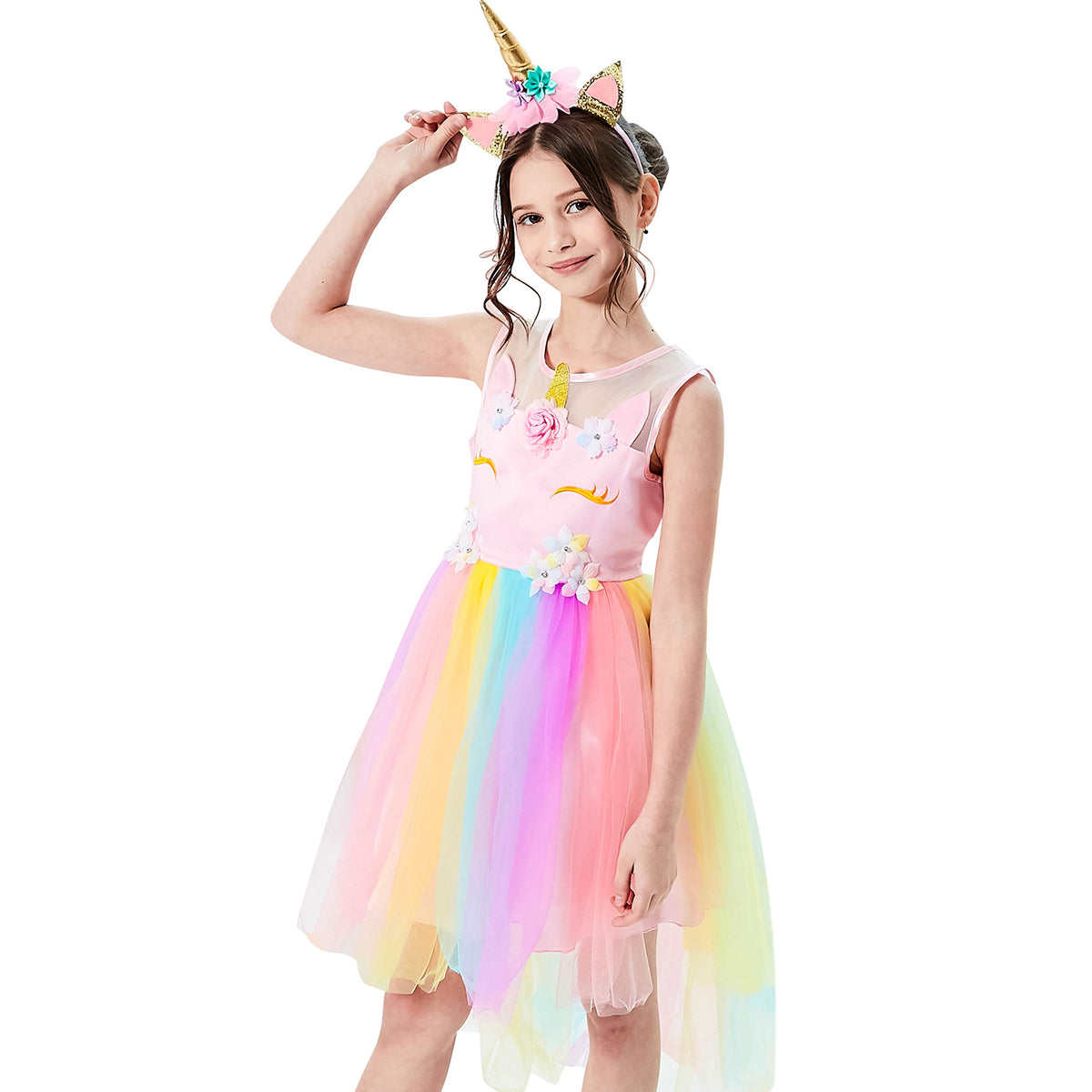 Sunny Fashion Girls Dress Unicorn Rainbow Tulle Unicorn Headband Party Size 4-10